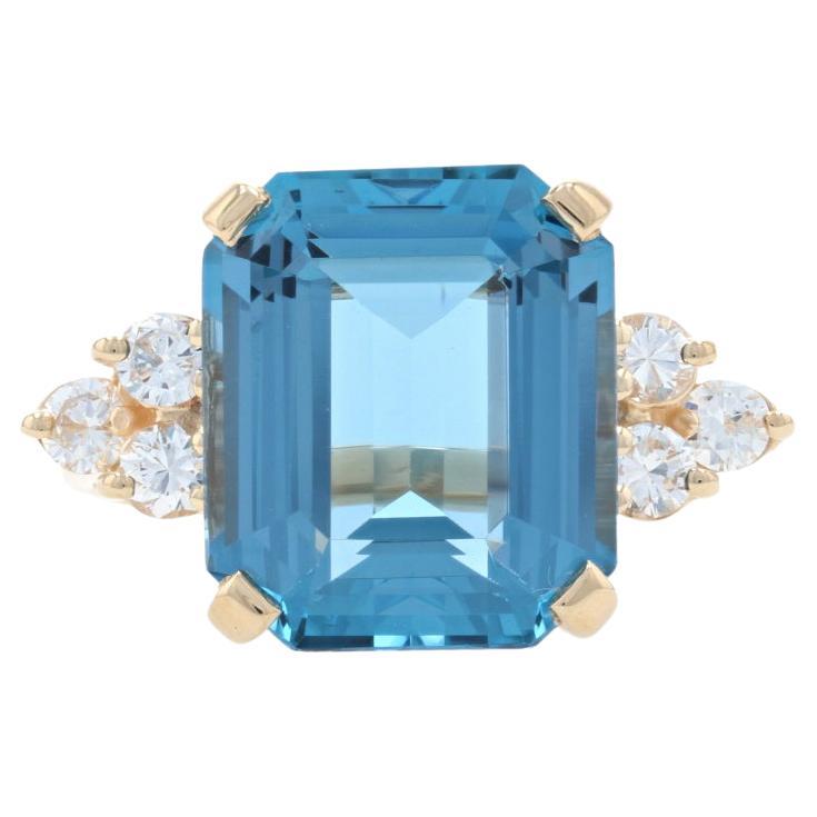 Yellow Gold London Blue Topaz & Diamond Ring, 14k Emerald Cut 11.32ctw