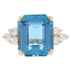 Antique Yellow Gold London Blue Topaz & Diamond Ring, 14k Emerald Cut 11.32ctw