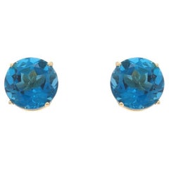 Clous d'oreilles London Blue Topaz London, or jaune 14 carats, rond 5,00 carats percé