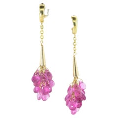 Yellow Gold Long Earrings suspending Pink Tourmaline Briolette Cut Stones