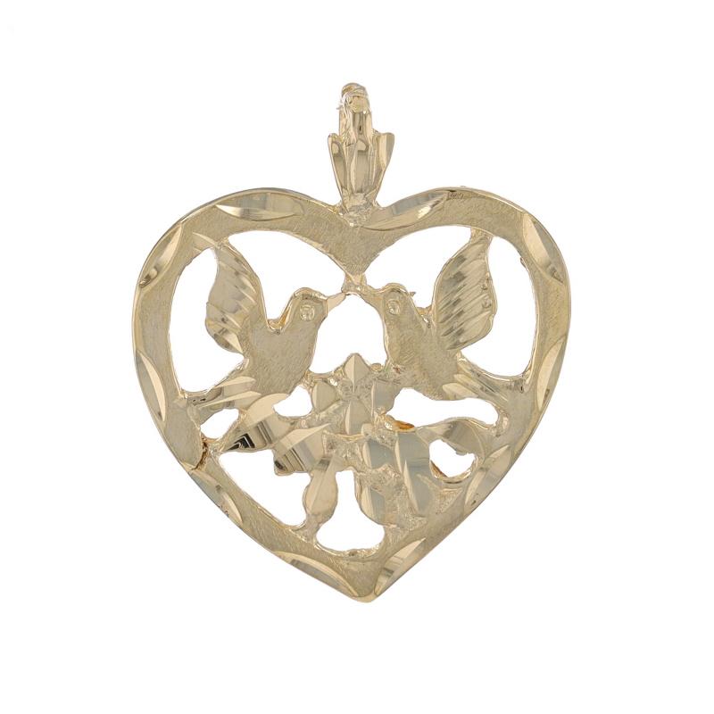 Metal Content: 14k Yellow Gold

Theme: Love Birds, Heart
Features: Open Cut Design with Etched Detailing

Measurements
Tall (from stationary bail): 27/32