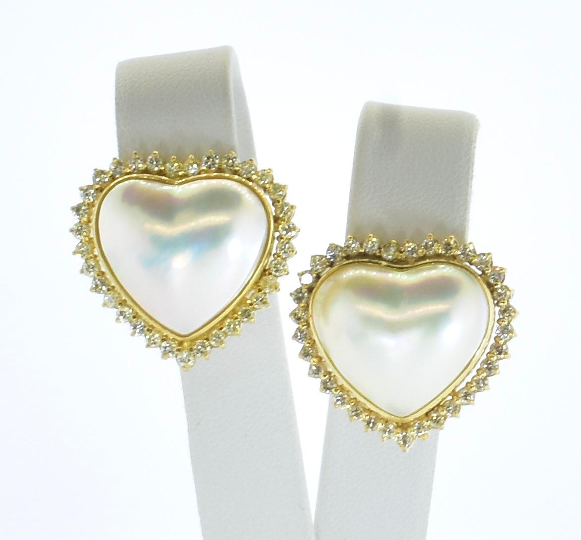 Contemporary Yellow Gold, Mabe Fancy Heart Shaped Pearls and Fine White Diamond Earrings.