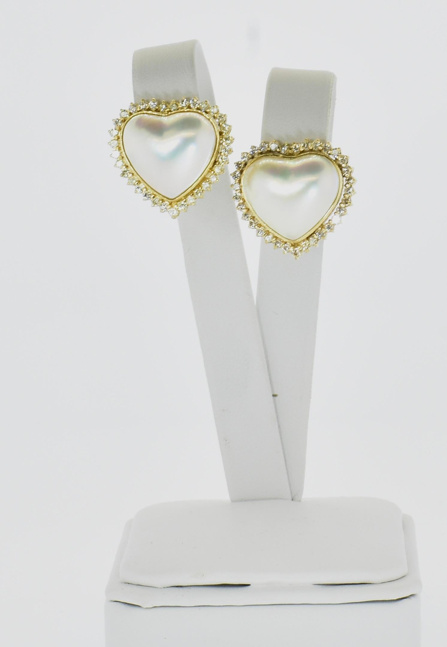 Bead Yellow Gold, Mabe Fancy Heart Shaped Pearls and Fine White Diamond Earrings.