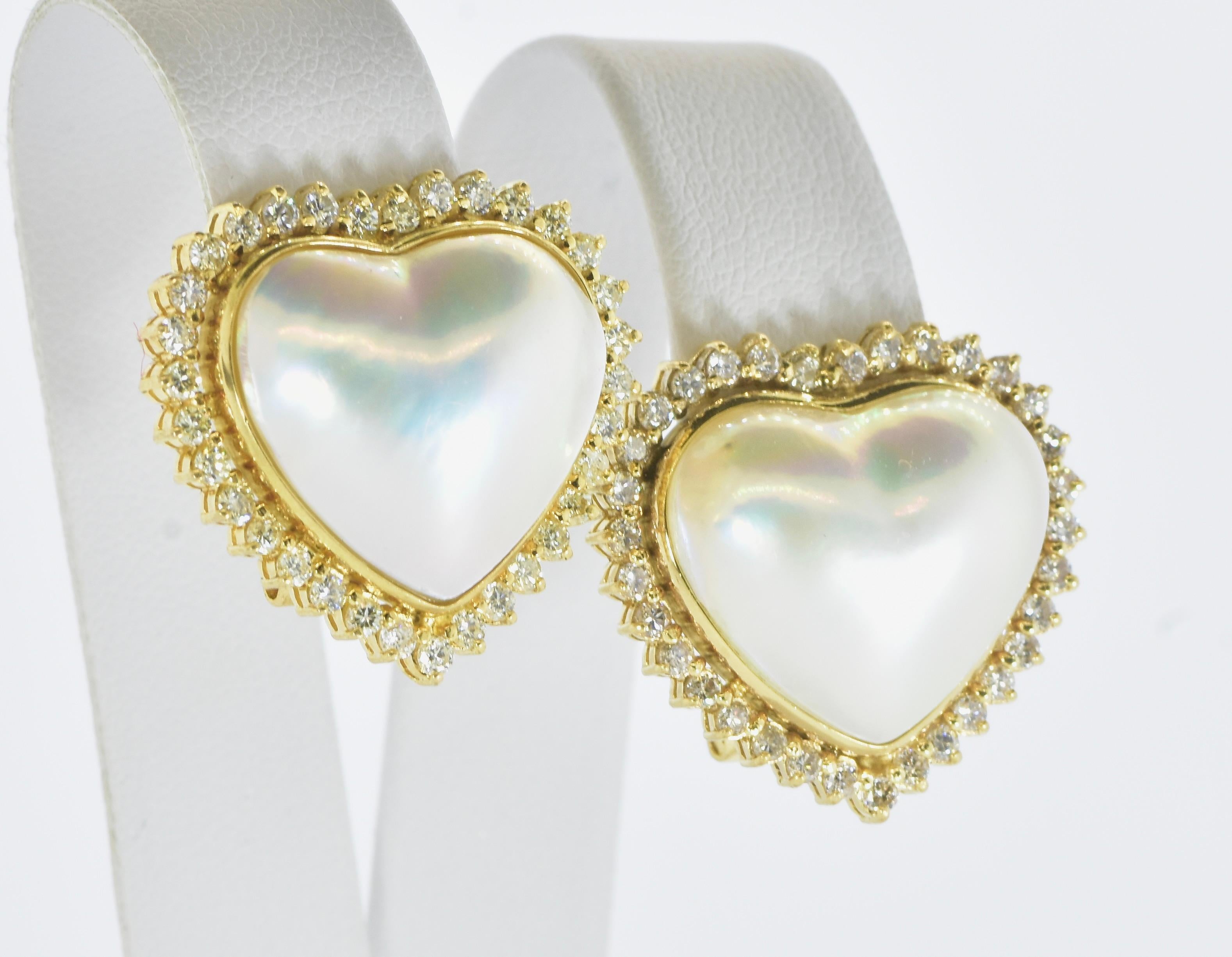 Yellow Gold, Mabe Fancy Heart Shaped Pearls and Fine White Diamond Earrings. In Excellent Condition In Aspen, CO