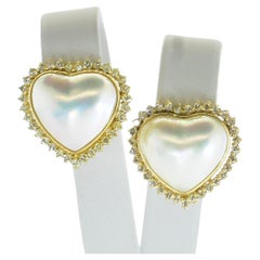 Vintage Yellow Gold, Mabe Fancy Heart Shaped Pearls and Fine White Diamond Earrings.