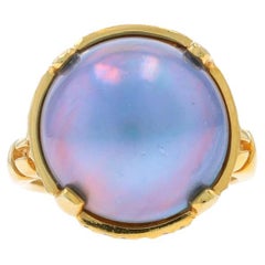Yellow Gold Mabe Pearl & Diamond Hidden Halo Ring - 14k .24ctw
