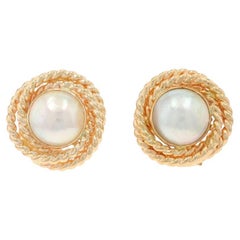 Yellow Gold Mabe Pearl Large Stud Earrings - 14k Rope Twist Pierced