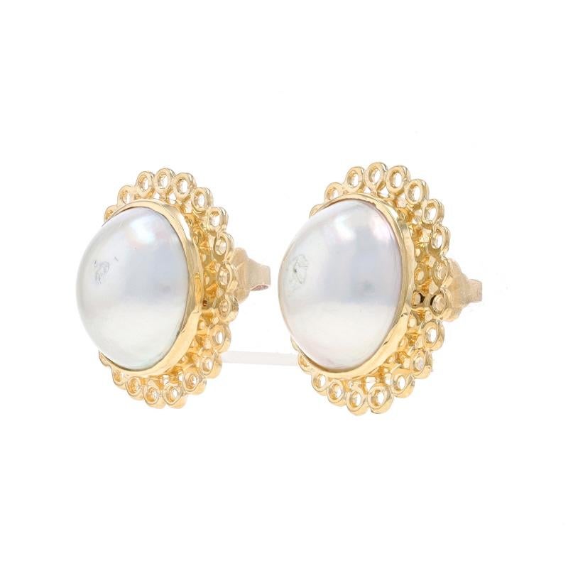 Bead Yellow Gold Mabe Pearl Large Stud Earrings - 14k Scallop Lace Pierced For Sale