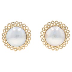 Boucles d'oreilles or jaune grandes perles Mabe - 14k dentelle festonnée Pierce