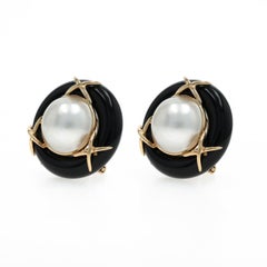 Yellow Gold Mabe Pearl Onyx X Large Stud Earrings 14k Pierced Round