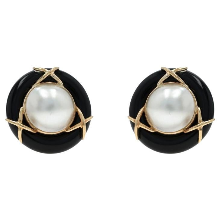 Gelbgold Mabe Perle Onyx X große Ohrstecker 14k durchbohrt Runde im Angebot