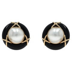 Gelbgold Mabe Perle Onyx X große Ohrstecker 14k durchbohrt Runde