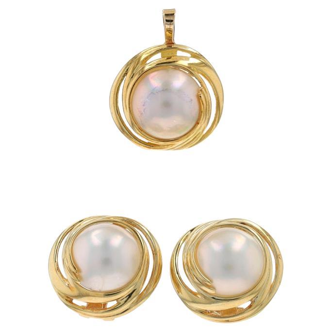 Yellow Gold Mabe Pearl Swirl Earrings & Pendant - 14k Clip-Ons For Sale