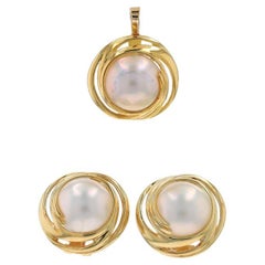 Yellow Gold Mabe Pearl Swirl Earrings & Pendant - 14k Clip-Ons