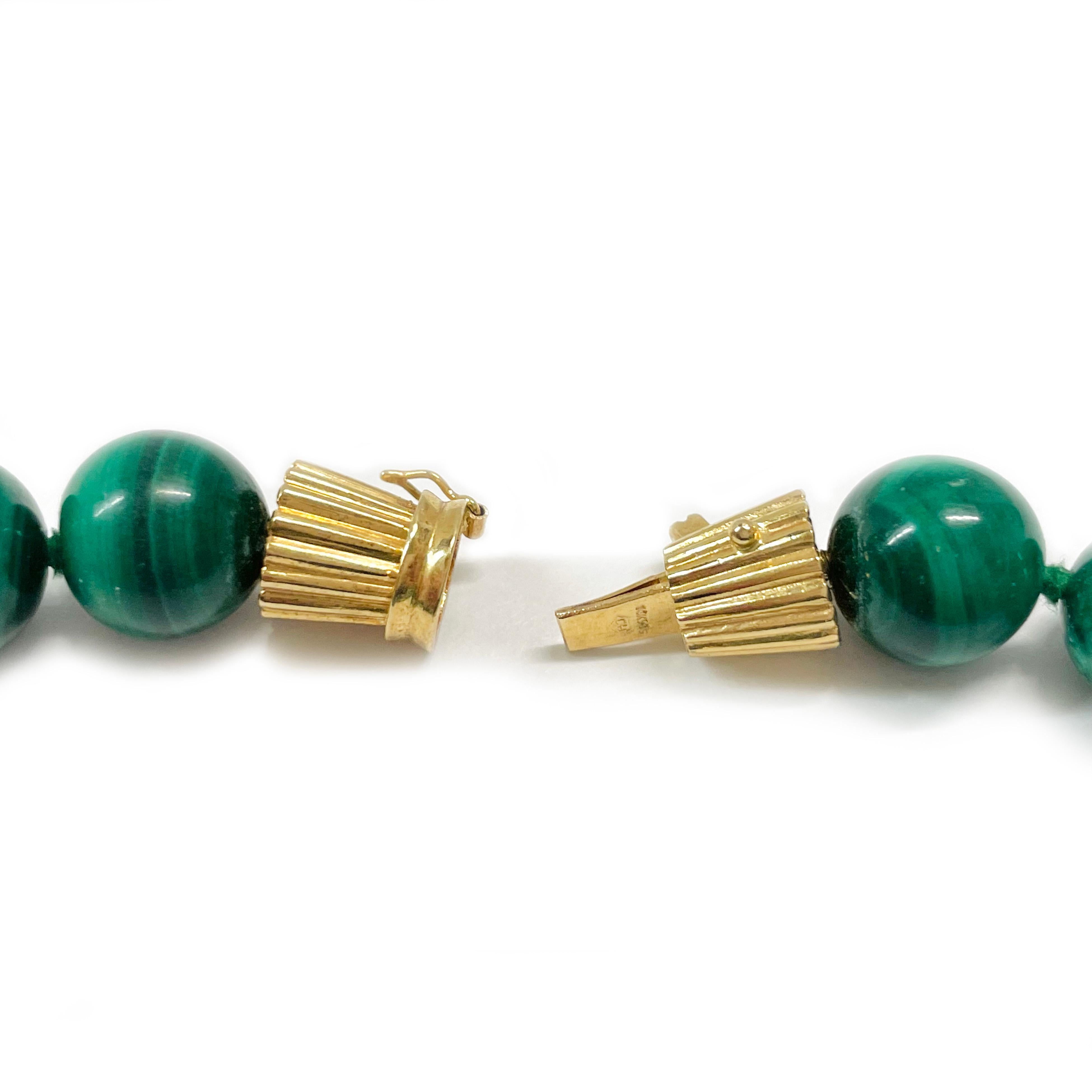 Women's or Men's Yellow Gold Malachite Beaded Necklace For Sale