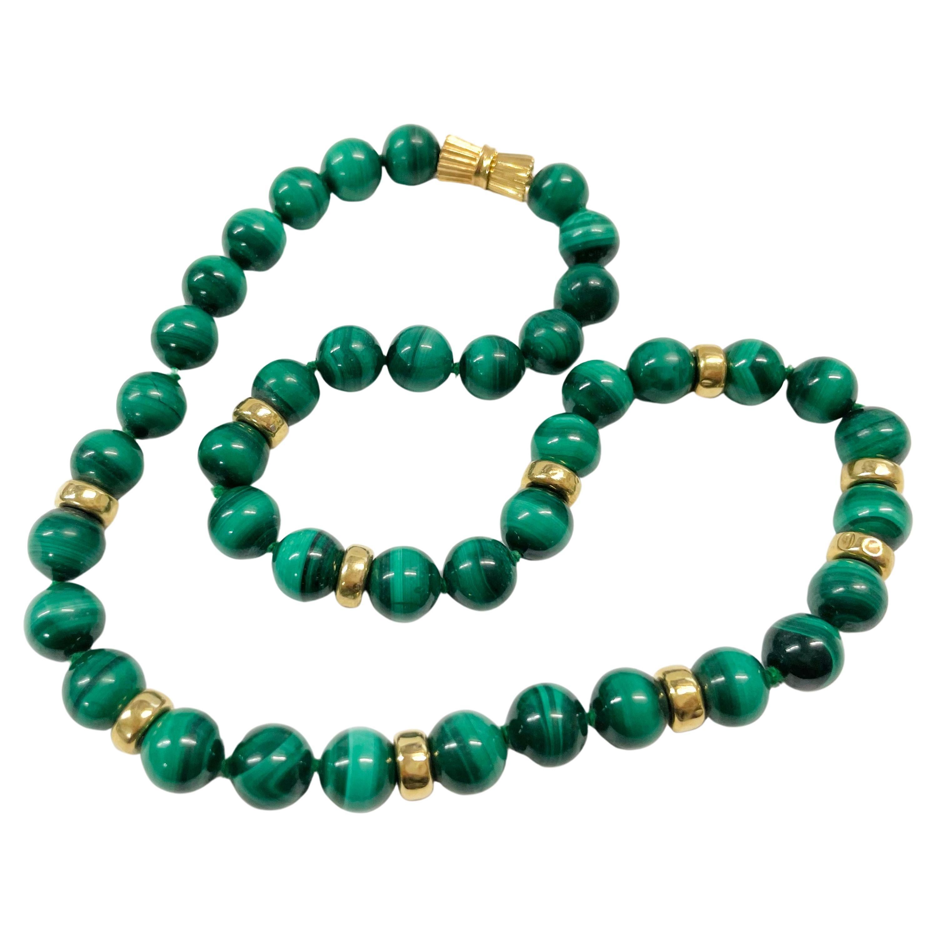 Yellow Gold Malachite Beaded Necklace For Sale
