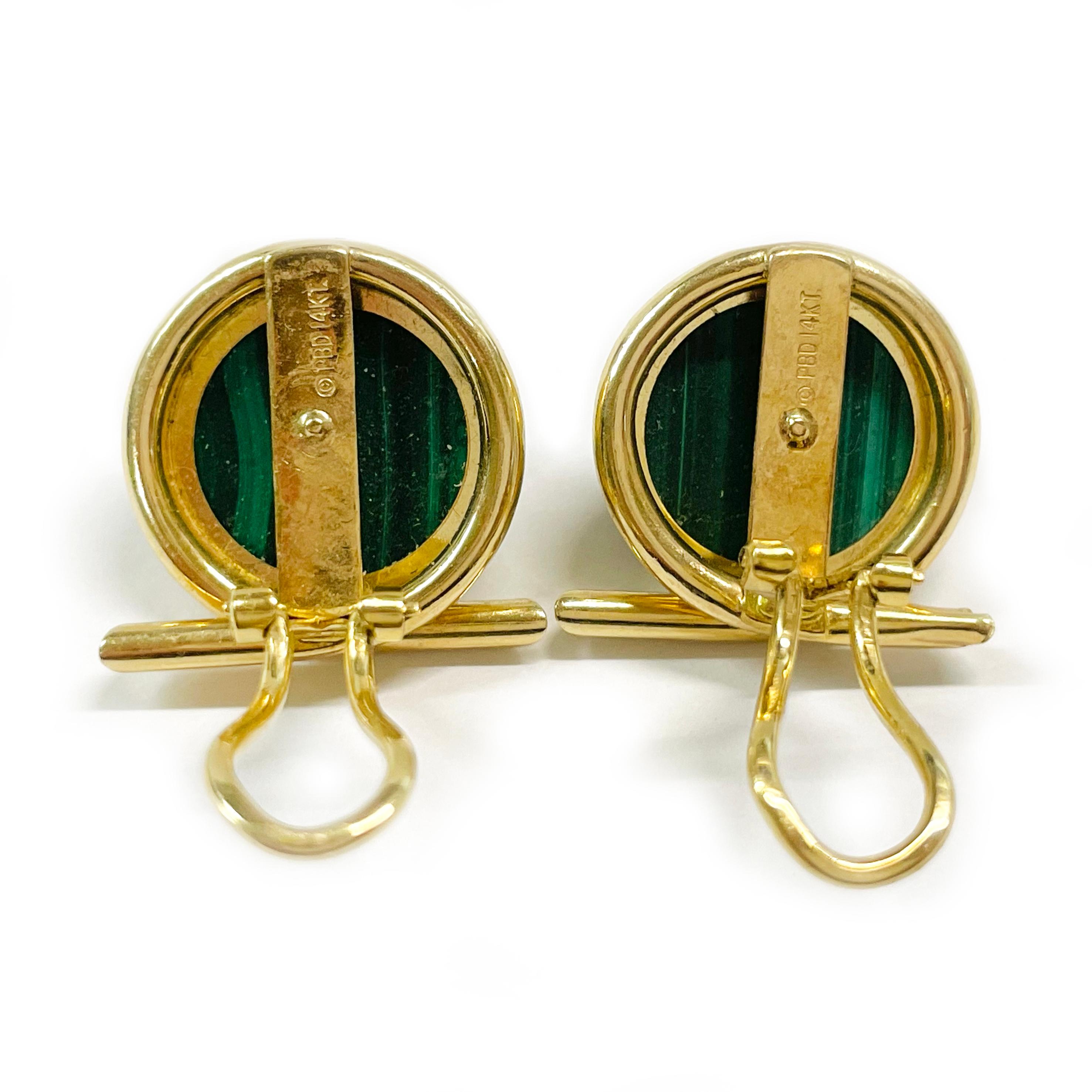 Cabochon Yellow Gold Malachite Clip-On Earrings For Sale