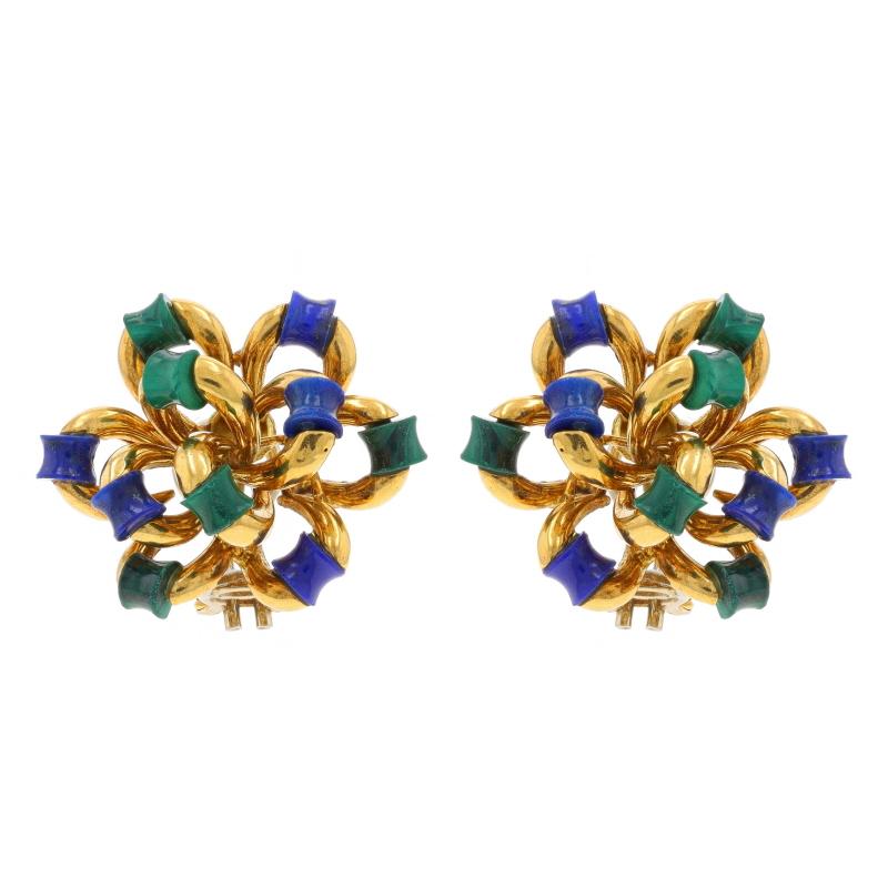 Metal Content: 18k Yellow Gold

Stone Information
Natural Malachite
Color: Green

Natural Lapis Lazuli
Color: Blue

Style: Large Stud
Fastening Type: Omega Closures
Theme: Floral Bow

Measurements
Tall: 1 3/32