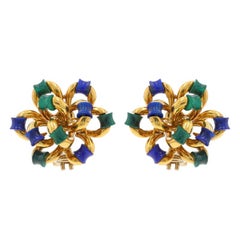 Yellow Gold Malachite & Lapis Lazuli Floral Bow Large Stud Earrings 18k Pierced