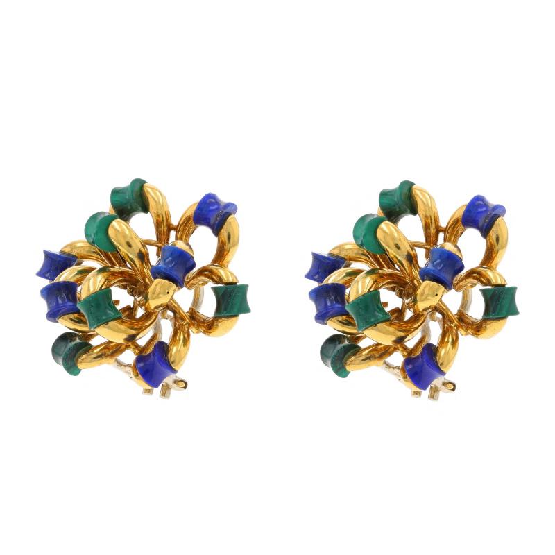 Mixed Cut Yellow Gold Malachite & Lapis Lazuli Floral Bow Large Stud Earrings 18k Pierced For Sale