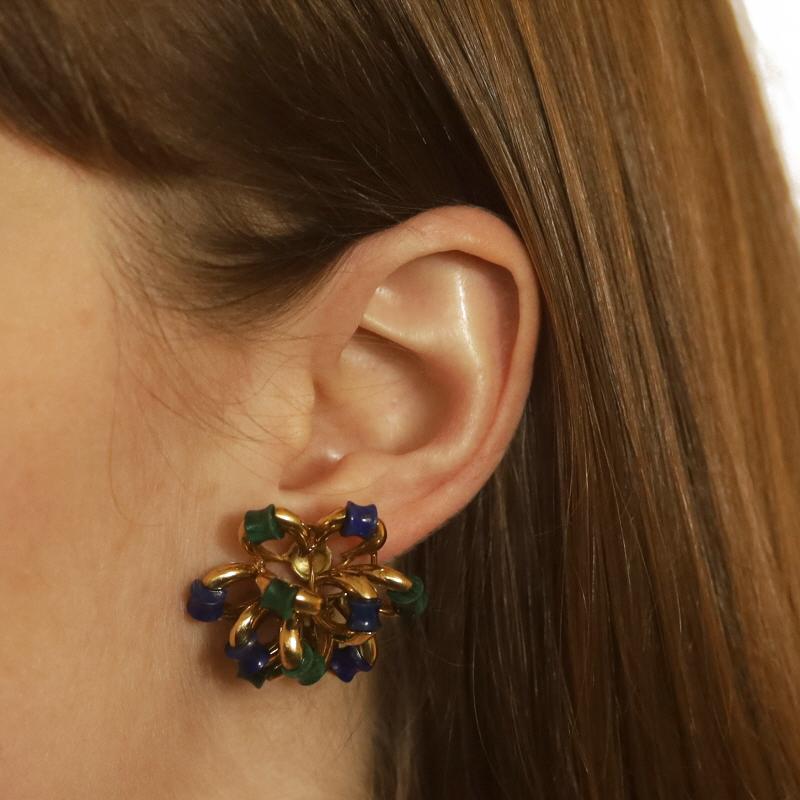 Yellow Gold Malachite & Lapis Lazuli Floral Bow Large Stud Earrings 18k Pierced In Excellent Condition For Sale In Greensboro, NC