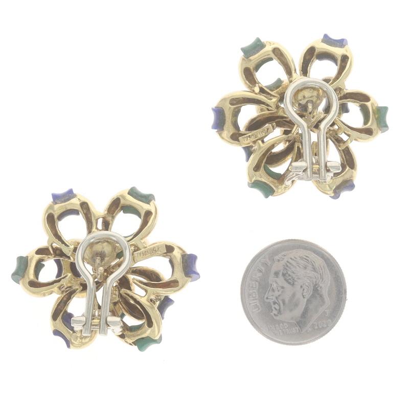 Women's Yellow Gold Malachite & Lapis Lazuli Floral Bow Large Stud Earrings 18k Pierced For Sale