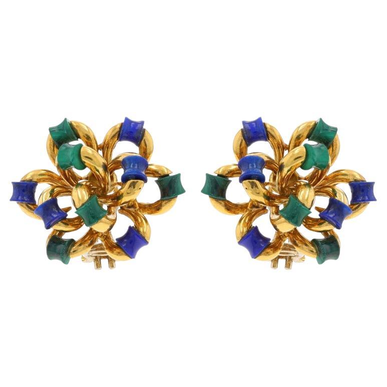 Yellow Gold Malachite & Lapis Lazuli Floral Bow Large Stud Earrings 18k Pierced For Sale
