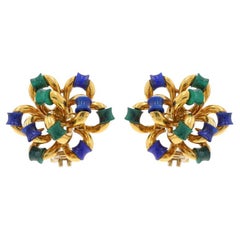 Yellow Gold Malachite & Lapis Lazuli Floral Bow Large Stud Earrings 18k Pierced