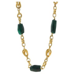 Yellow Gold Malachite Vintage Station Necklace 27" - 18k Fancy Chain
