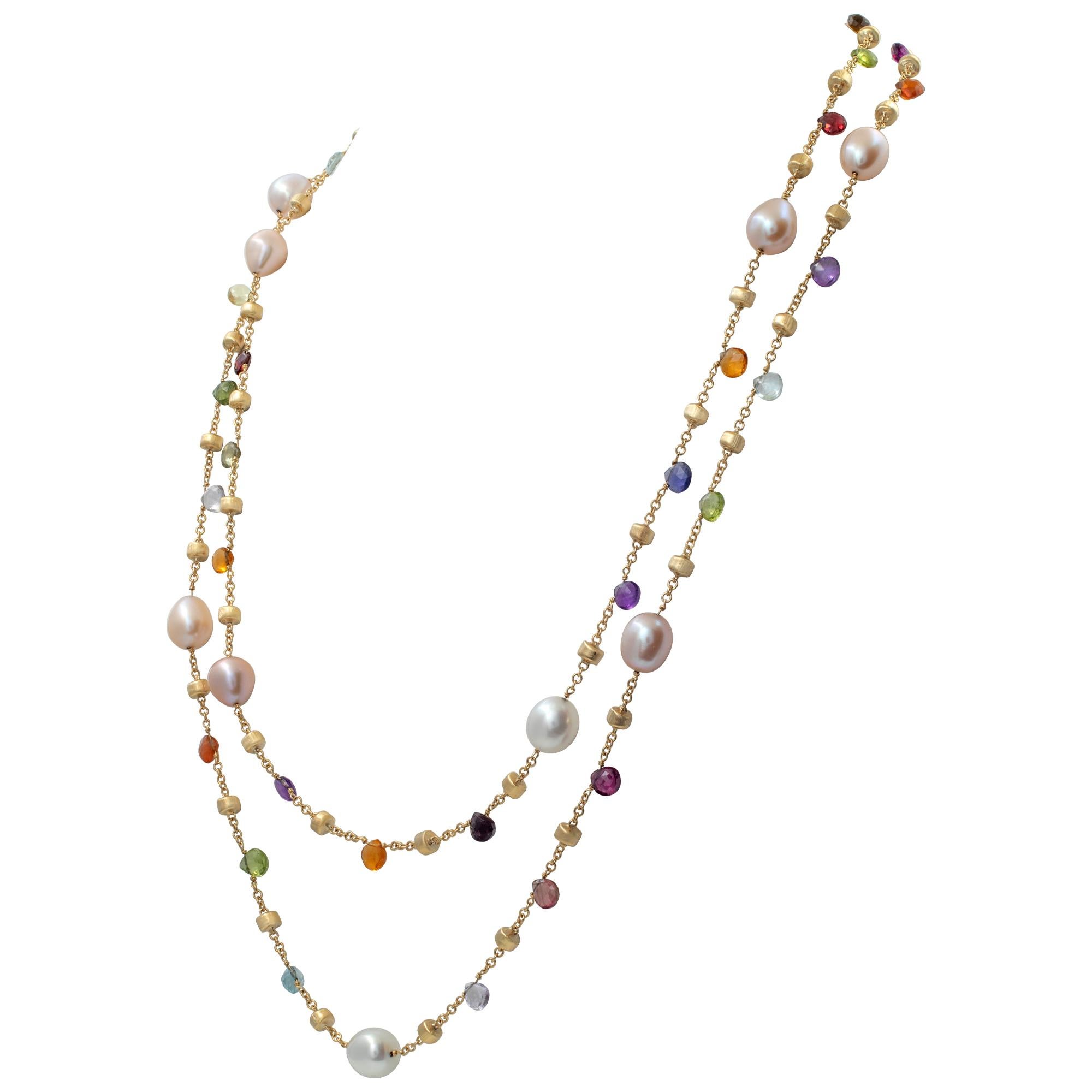 Marco Bicego 46 inches chain, necklace in 18k yellow gold, with twelve pink, white, golden brown oval fresh water pearls (8.00 to 9.00 mm), amethyst, citrine, peridot, tourmaline, topaz, iolite briolette beads and textured gold rondelle stations to