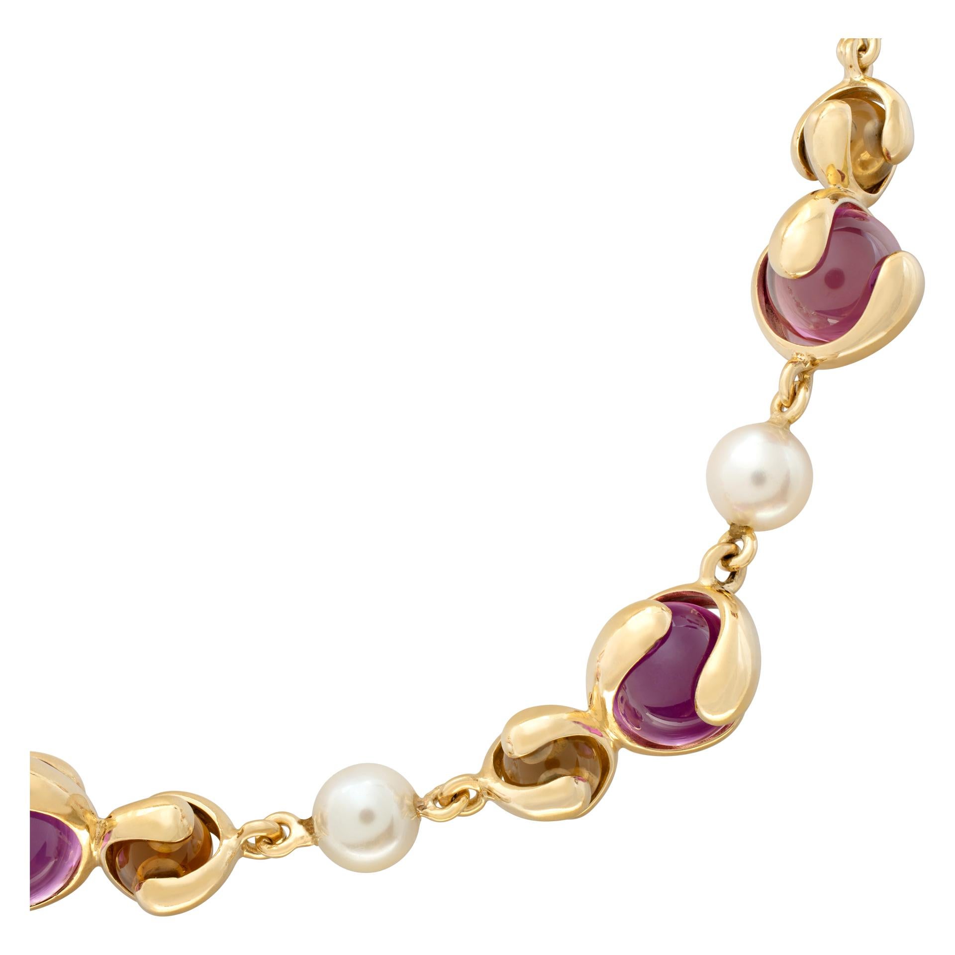 Marina B Cardan Necklace with vibrant pink Russian quartz, citrine, and lusterous 7.3mm pearls in 18k yellow gold. Measures 16 inches.
