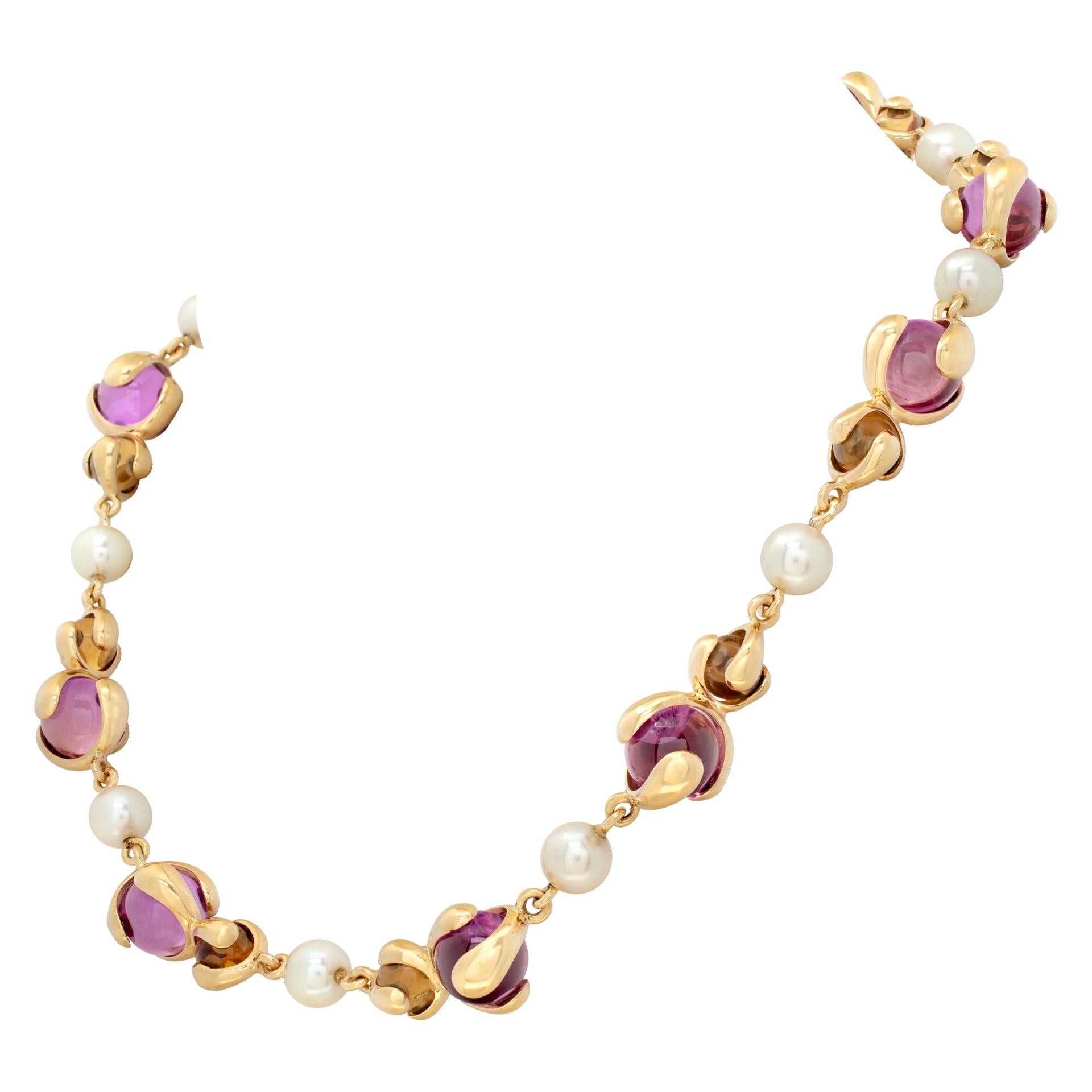 Yellow gold Marina B Cardan Necklace w/ pink Russian quartz, citrine and pearls In Excellent Condition For Sale In Surfside, FL