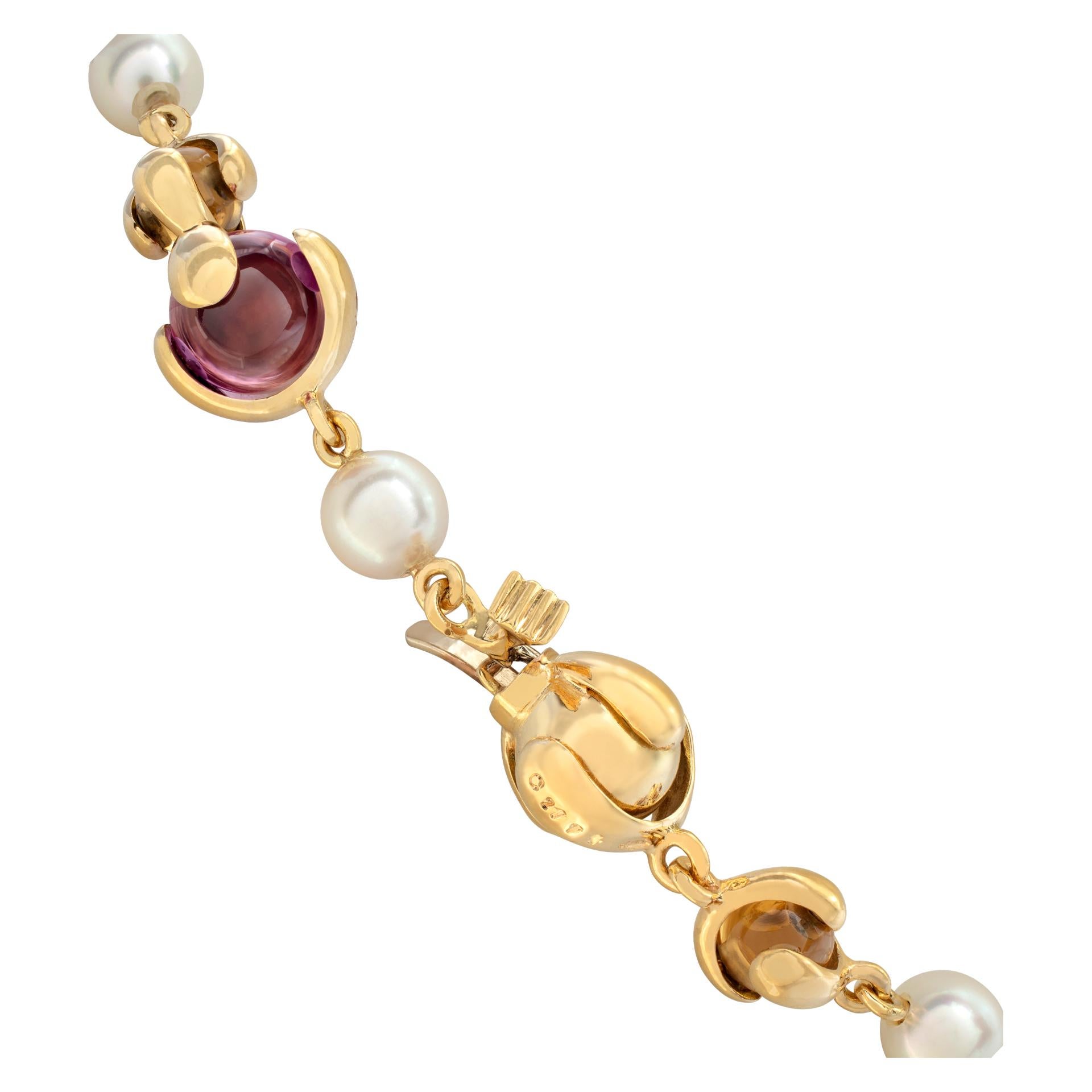 Women's Yellow gold Marina B Cardan Necklace w/ pink Russian quartz, citrine and pearls For Sale