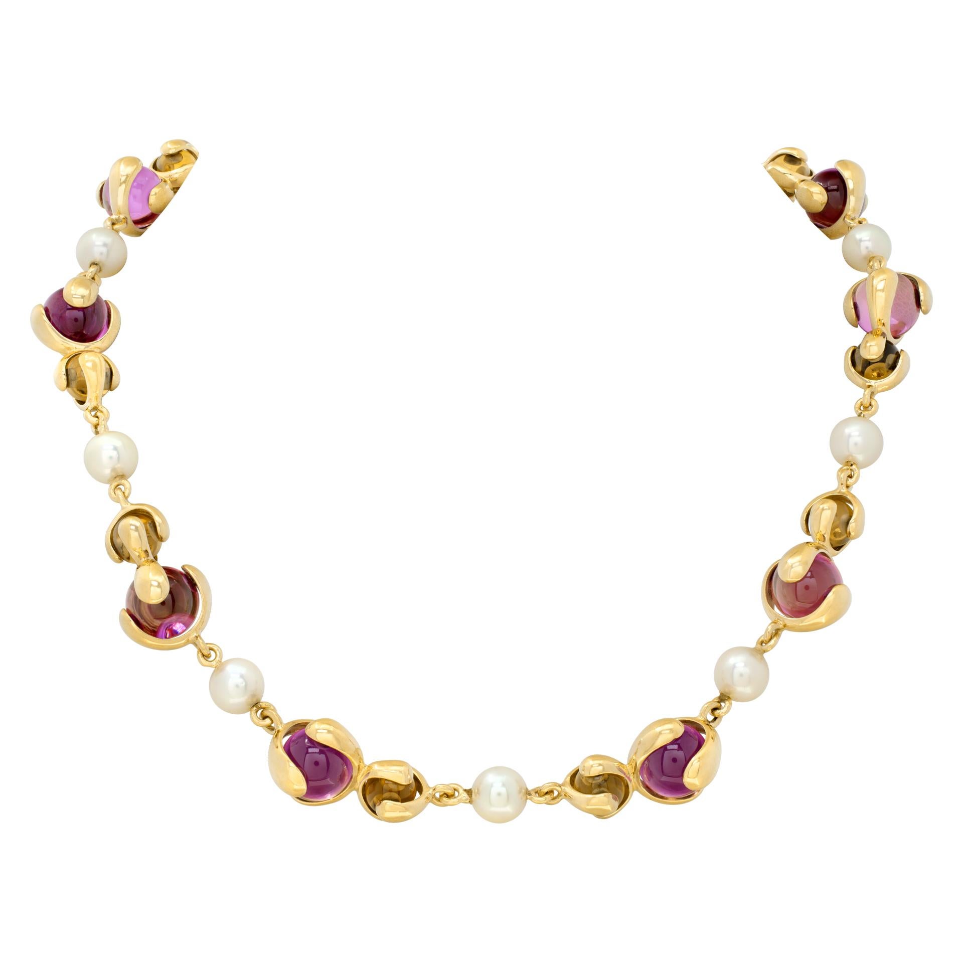 Yellow gold Marina B Cardan Necklace w/ pink Russian quartz, citrine and pearls For Sale