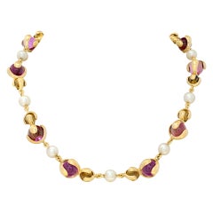 Vintage Yellow gold Marina B Cardan Necklace w/ pink Russian quartz, citrine and pearls