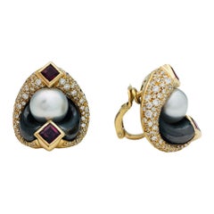 Marina B. Earrings Set with Hematites, Rubies, Pearls, and Diamonds