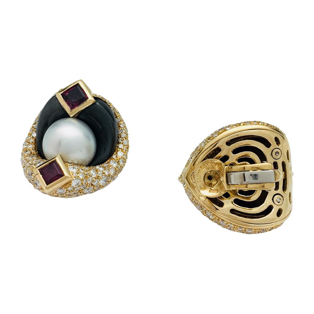 Contemporary Marina B. Earrings Set with Hematites, Rubies, Pearls, and Diamonds