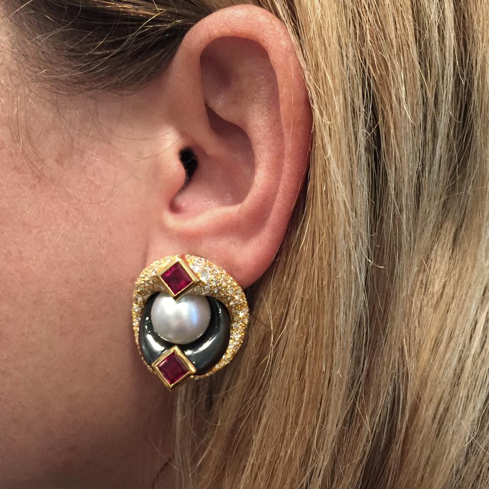Marina B. Earrings Set with Hematites, Rubies, Pearls, and Diamonds In Excellent Condition In Paris, IDF