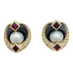 Marina B. Earrings Set with Hematites, Rubies, Pearls, and Diamonds