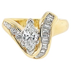 Retro Yellow Gold Marquise and Baguette Diamond Assymetrical Ring