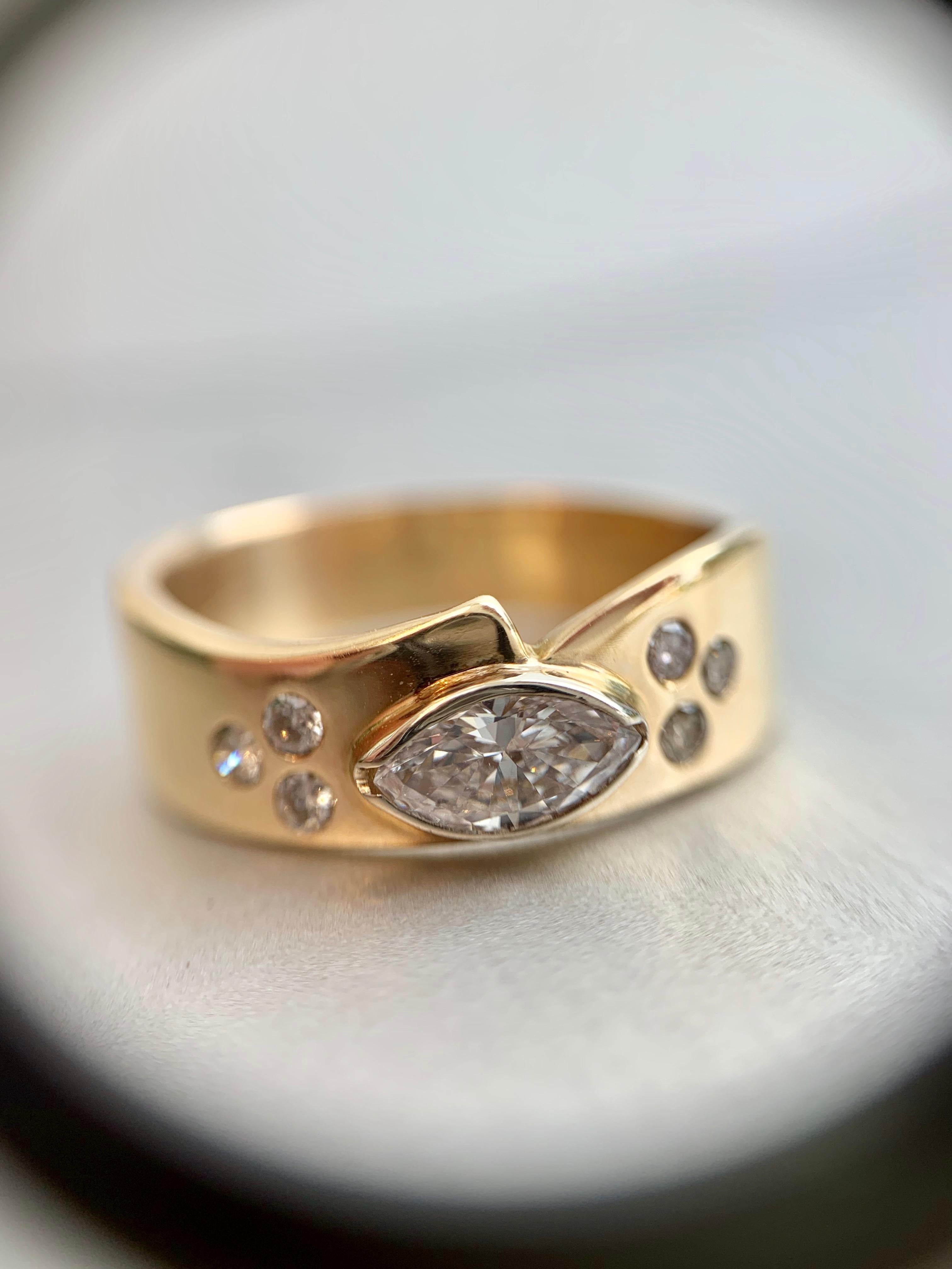 Yellow Gold Marquise and Round Diamond Curved Band Ring 5
