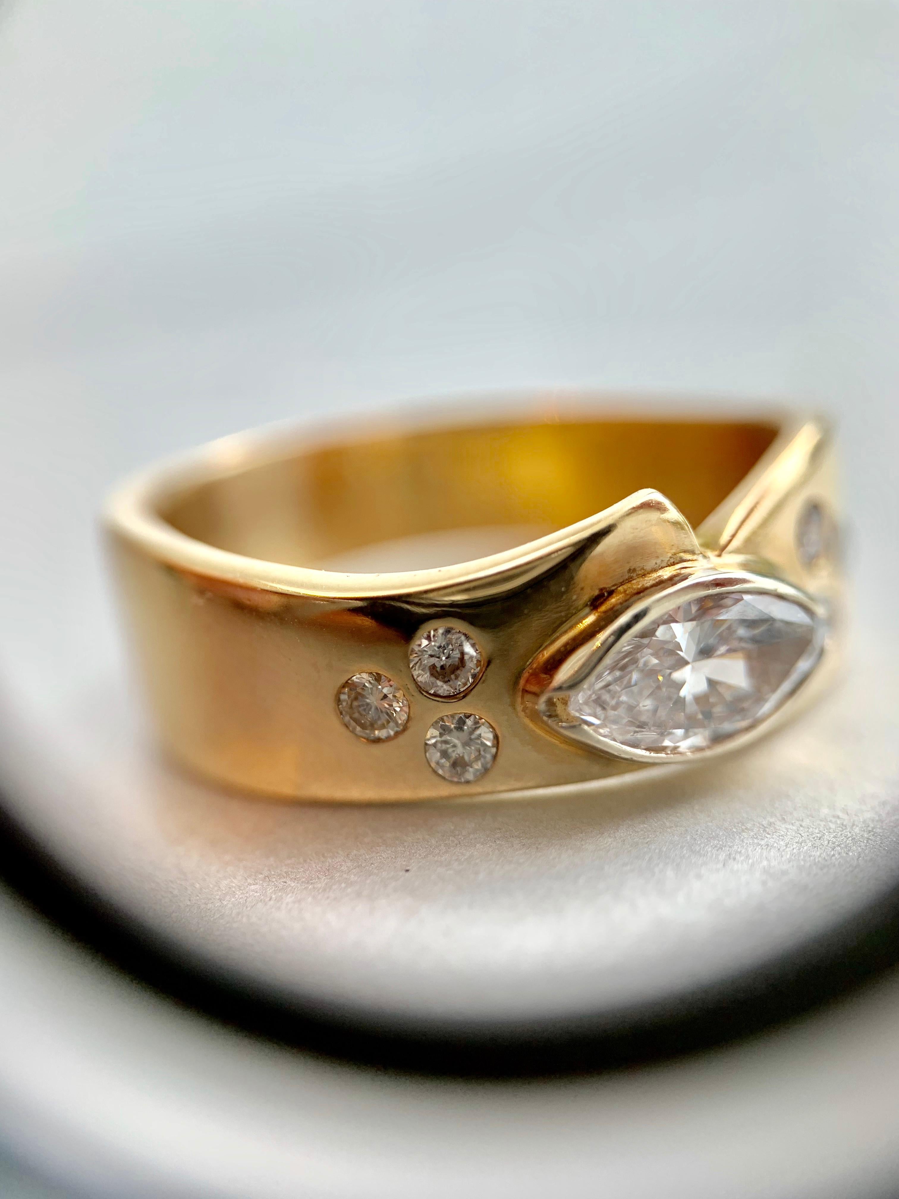 Yellow Gold Marquise and Round Diamond Curved Band Ring 7