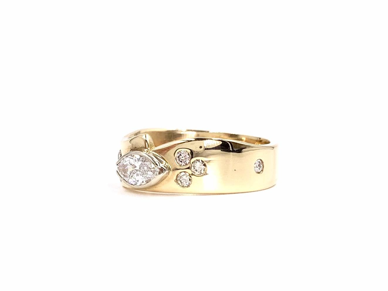 Women's or Men's Yellow Gold Marquise and Round Diamond Curved Band Ring