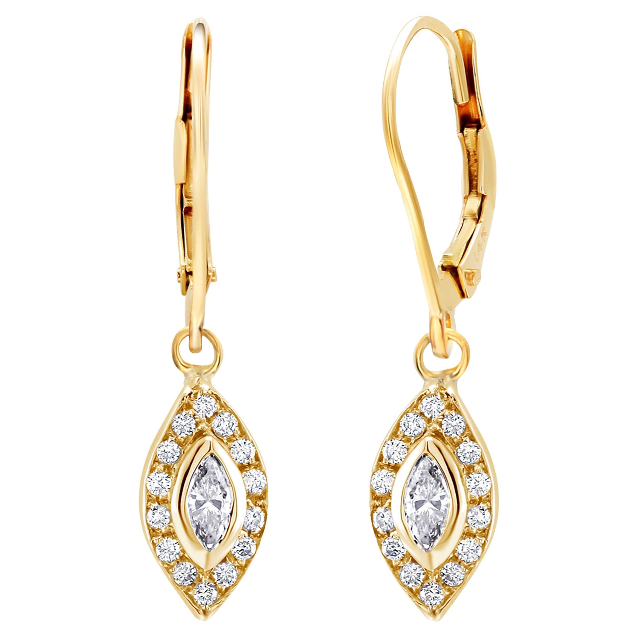 Yellow Gold Marquise Shaped Diamond Lever Back Hoop Earrings
