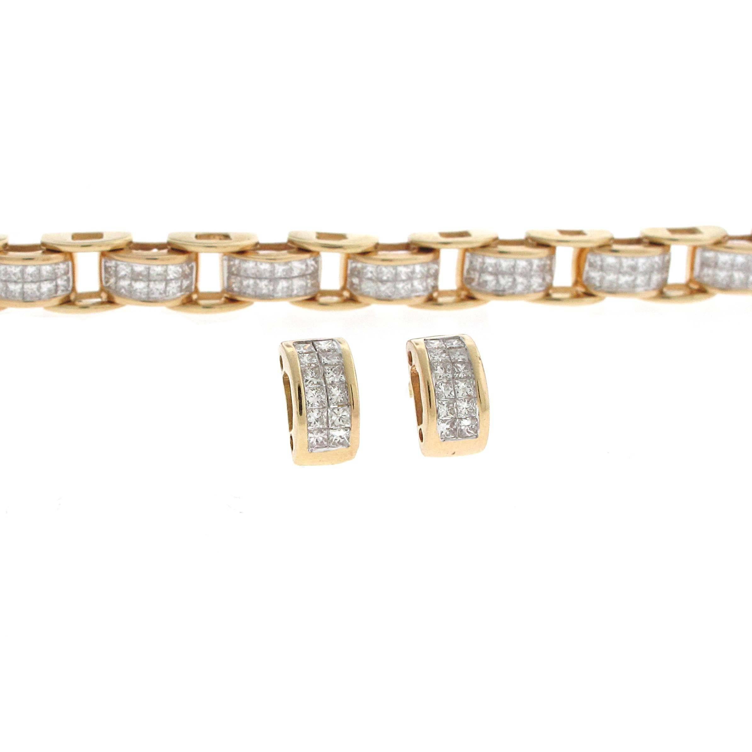 A great matching set for a gift or for yourself. Very well make 14k yellow gold princess cut diamond bracelet and earrings set. The bracelet measures a standard sized wrist and locks into itself which creates a smoother look. The set has about 6