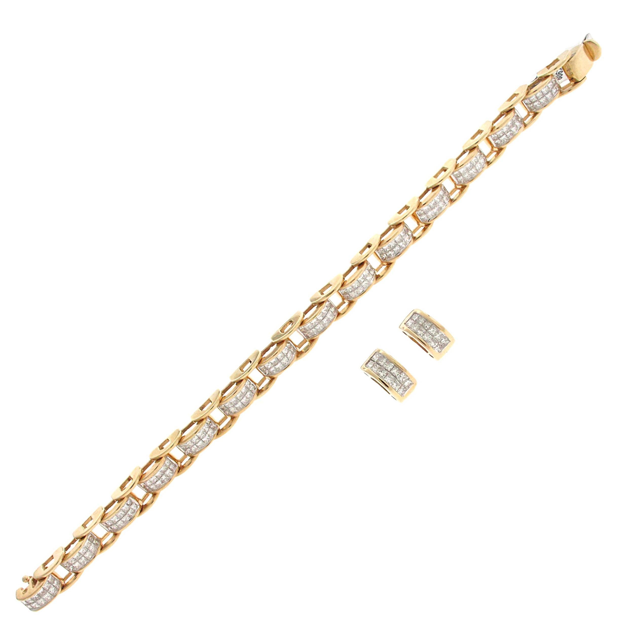 Yellow Gold Matching Princess Cut Diamond Bracelet and Earrings Set