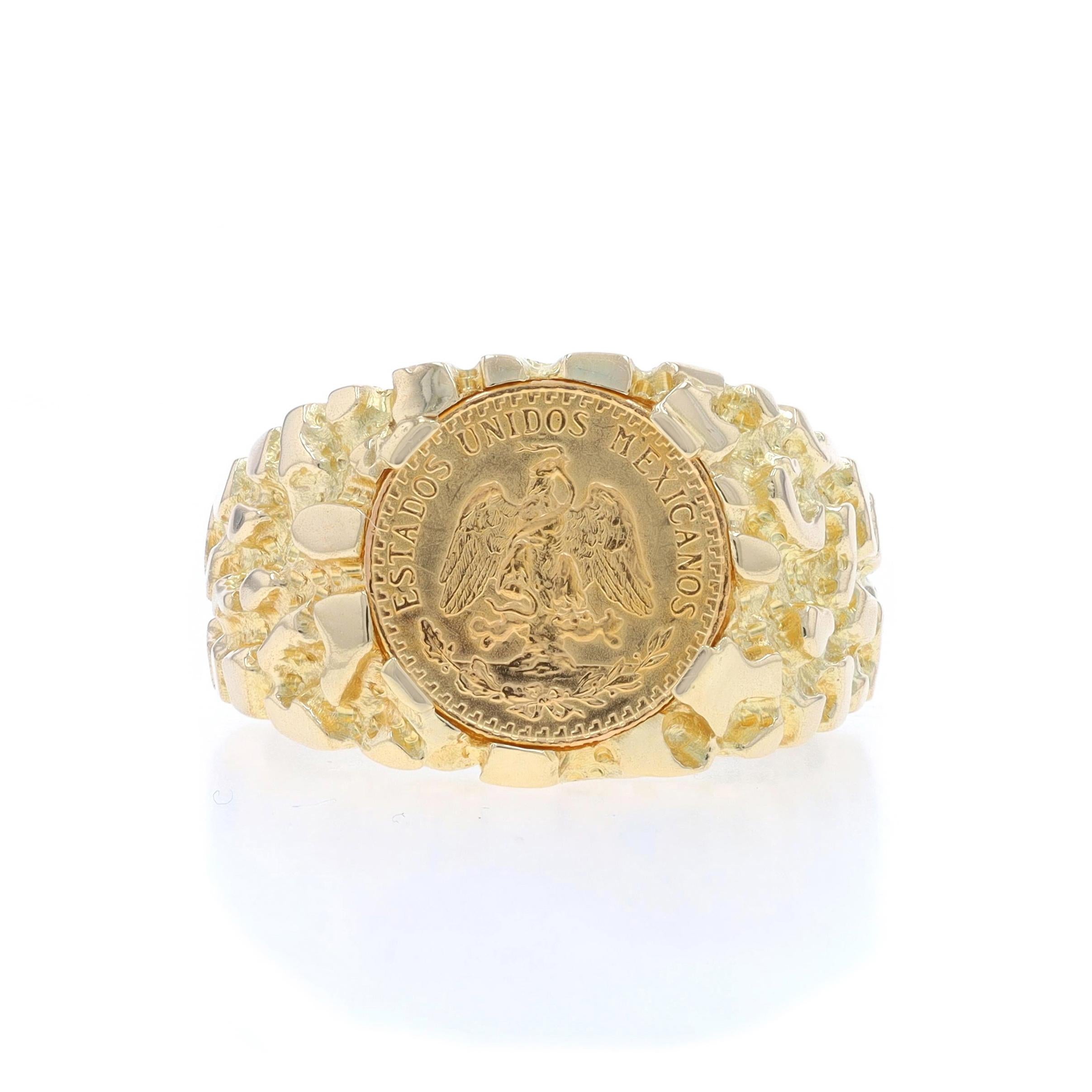 Size: 10 3/4
Sizing Fee: Up 2 sizes for $60 or Down 1 size for $40

Metal Content: 14k Yellow Gold (ring) & 90% Fine Gold (coin)

Features: Nugget-Textured Detailing

Measurements

Face Height (north to south): 5/8