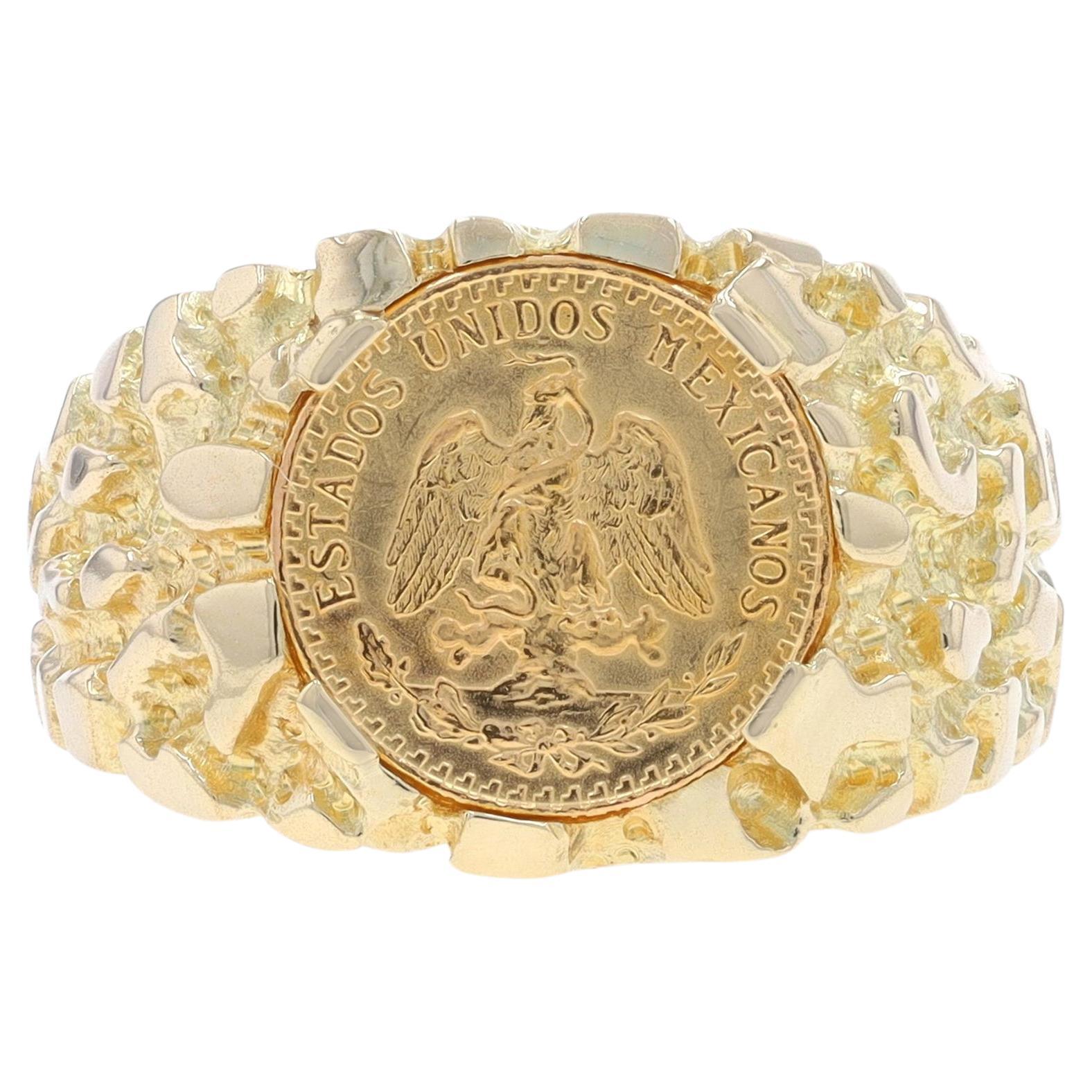 Yellow Gold Men's Authentic 1945 Dos Pesos Coin Ring -14k & 90% Fine Gold Mexico For Sale