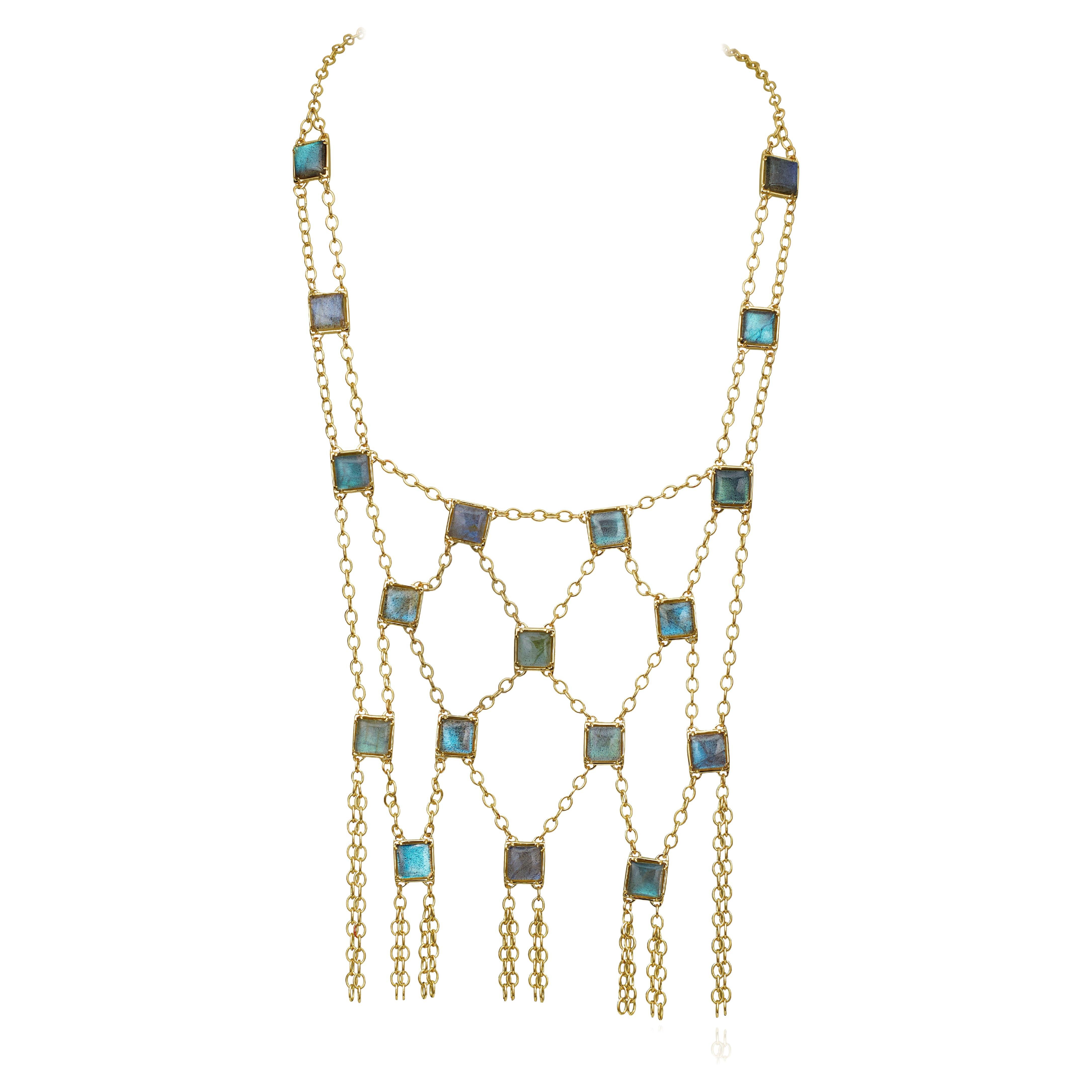 Yellow Gold Mesh Bib Necklace with Labradorite Square Cabochons