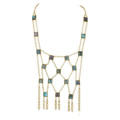 Used Yellow Gold Mesh Bib Necklace with Labradorite Square Cabochons